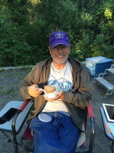 Tom eating his rhubarb crisp. 